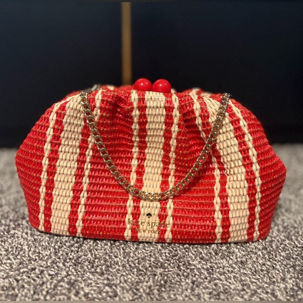 Kate Spade Red Striped Woven Straw Ruched Pouch Crossbody Clutch Chain Bag